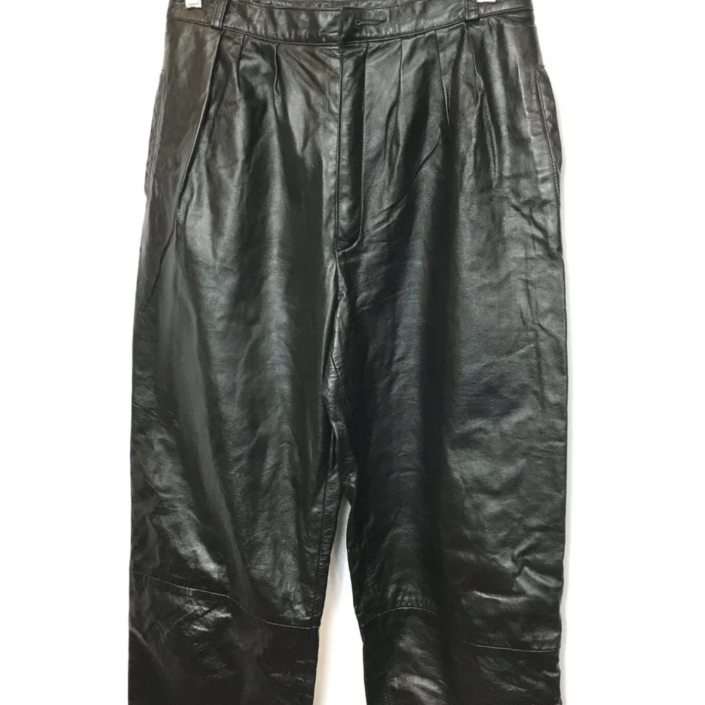 80s Vtg Black Leather High Waist Tapered Pants